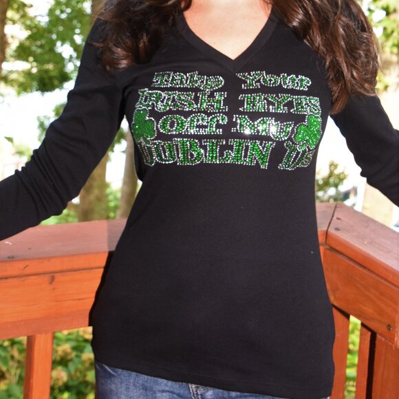 St. Patrick's rhinestone black long sleeve shirt XS S M L XL XXL 1X 2X 3… - Picture 4 of 7